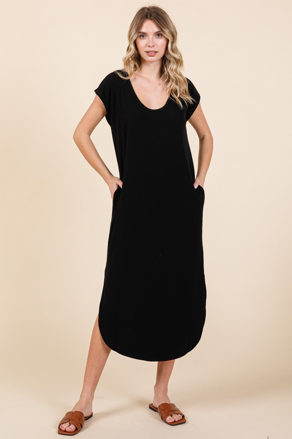 black ribbed scoop neck midi dress Long Sleeve Ribbed Scoop Neck Dress