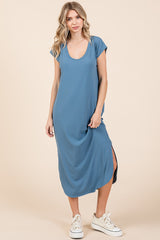 Blue Rib Knit Scoop Neck Midi Dress