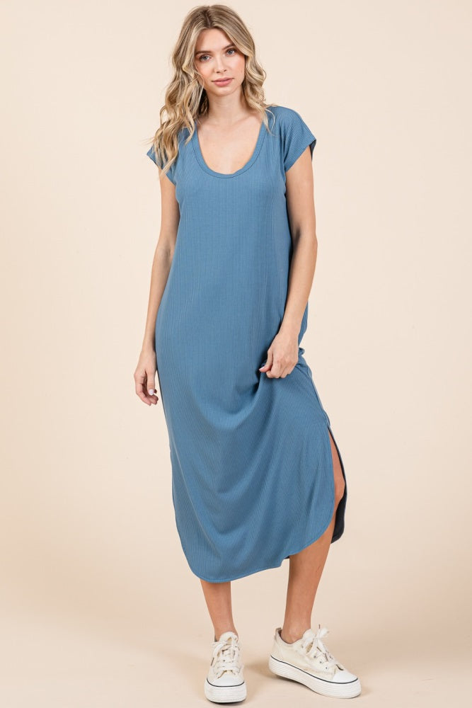 Blue Rib Knit Scoop Neck Midi Dress Blue Rib Knit Scoop Neck Midi Dress
