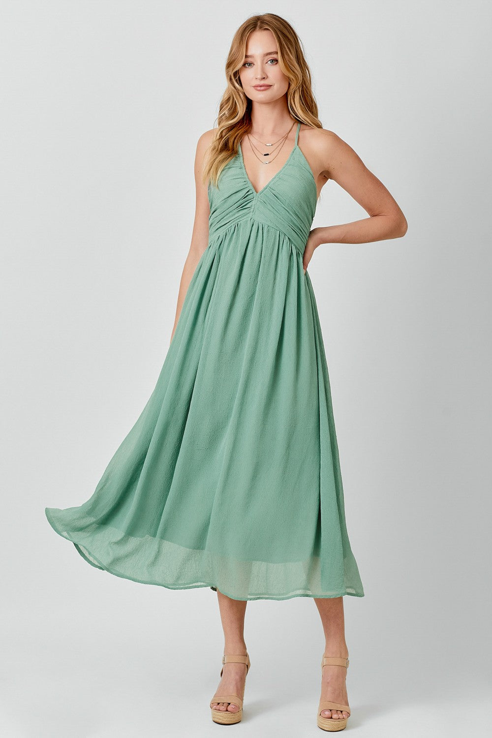 Sage Ruched V-Neck Midi Dress PinkBlush Sage Ruched V-Neck Midi Dress PinkBlush