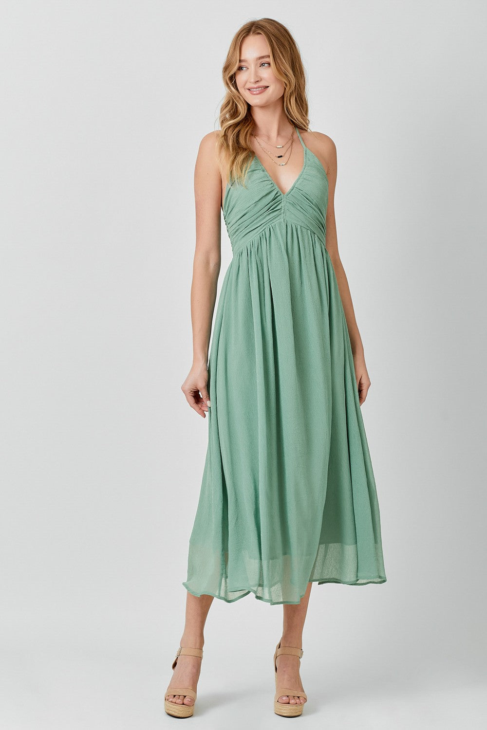 sage ruched midi dress Split Hem Long Sleeve Slinky Collar, Isa Midi Dress in Sage, Size XL,