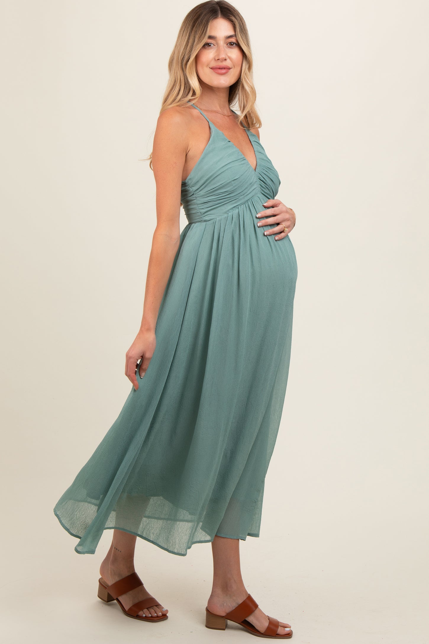 Sage Ruched V-Neck Maternity Midi Dress PinkBlush Sage Ruched V-Neck Maternity Midi Dress PinkBlush