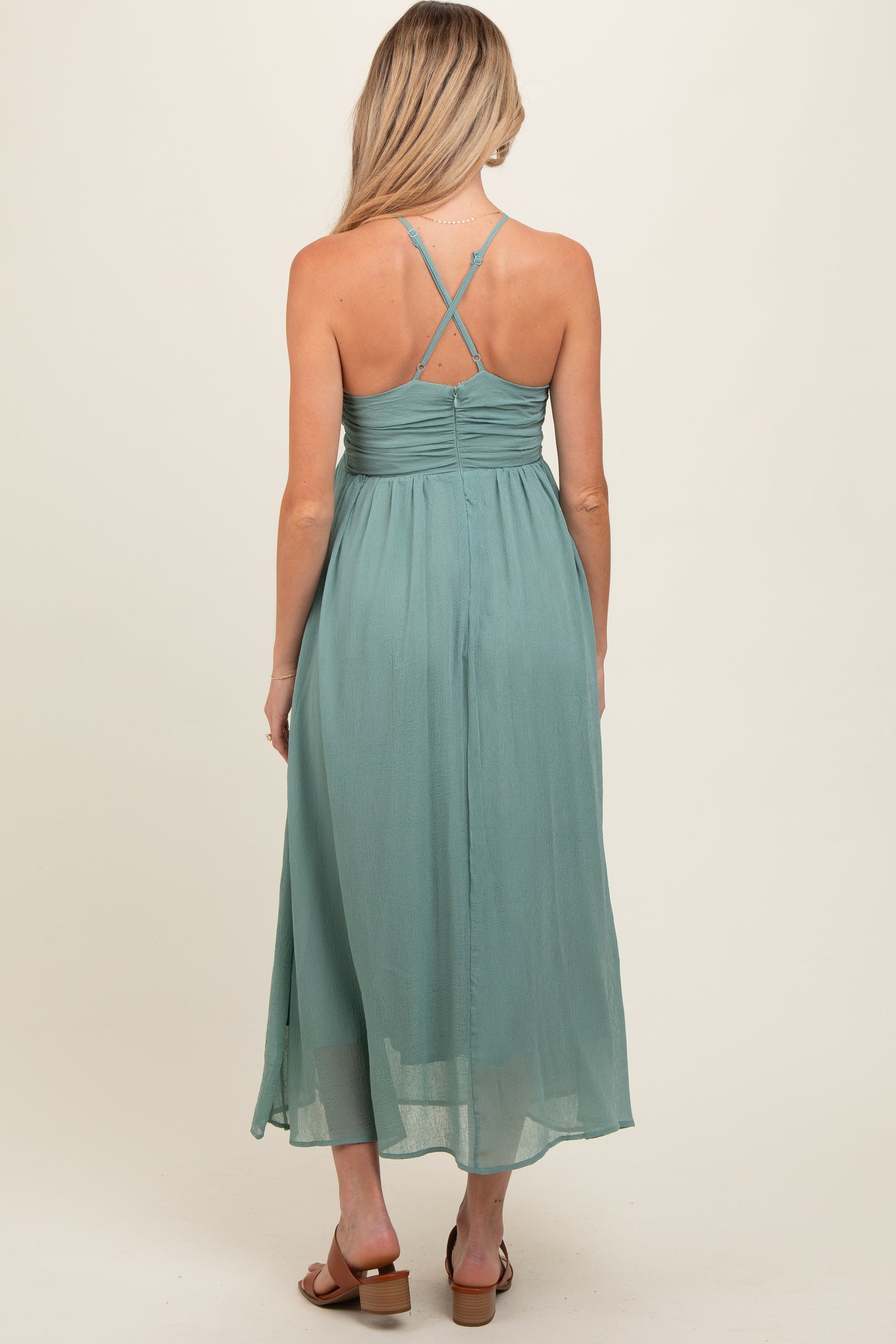 Sage Ruched V-Neck Maternity Midi Dress PinkBlush Sage Ruched V-Neck Maternity Midi Dress PinkBlush