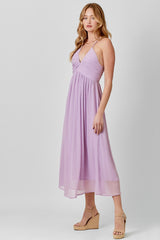 Lavender Ruched V-Neck Midi Dress
