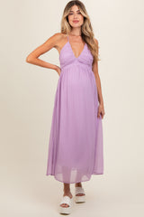 Lavender Ruched V-Neck Maternity Midi Dress
