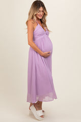 Lavender Ruched V-Neck Maternity Midi Dress