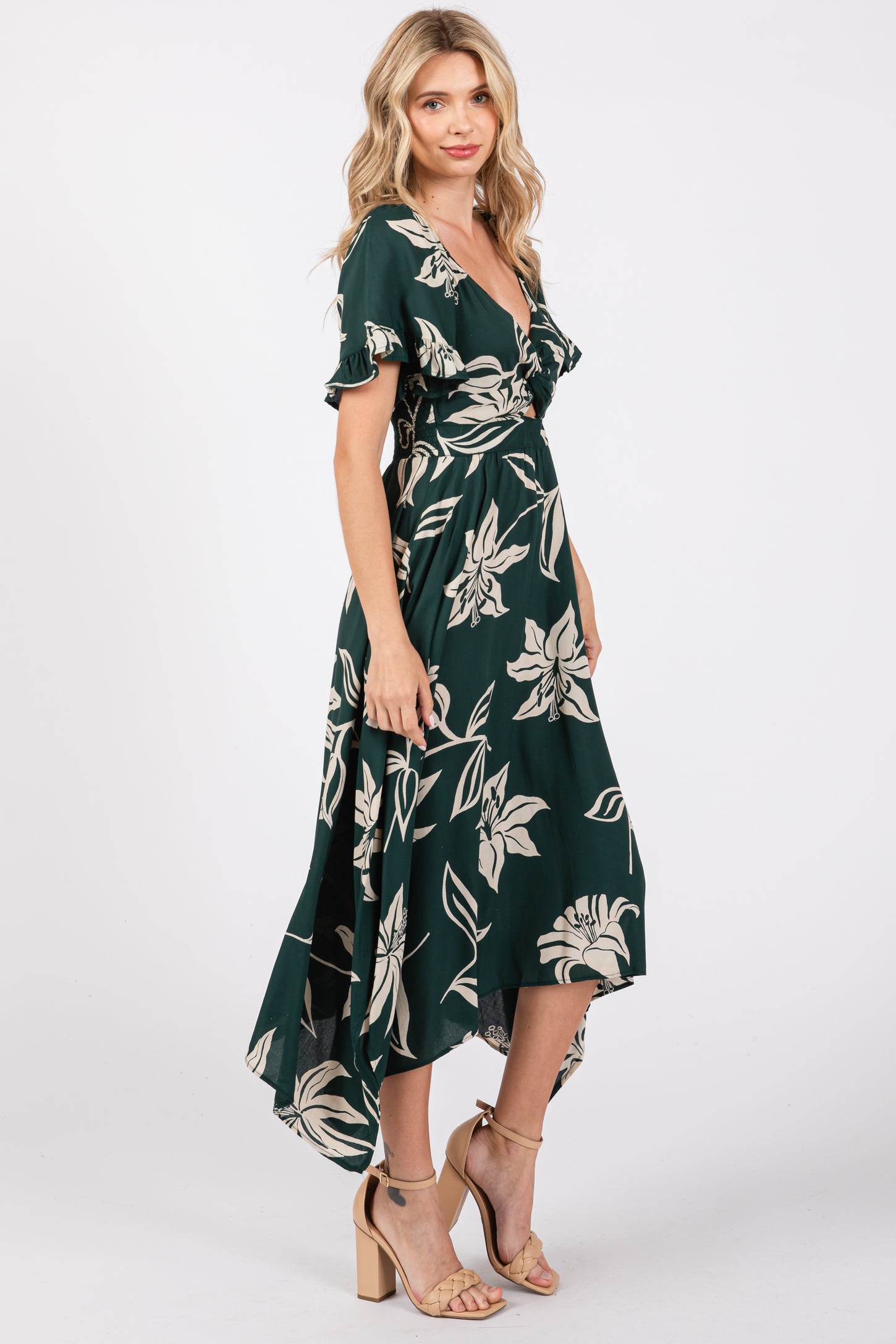 Forest Green Floral Knot Front Short Sleeve Asymmetrical Hem Maxi Dres PinkBlush Forest Green Floral Knot Front Short Sleeve Asymmetrical Hem Maxi Dres PinkBlush