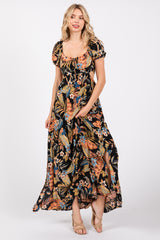 Black Floral Drawstring Front Side Cutout Maternity Maxi Dress