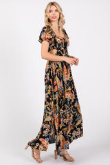 Black Floral Drawstring Front Side Cutout Maxi Dress