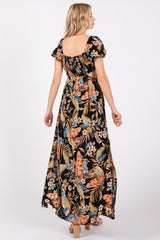 Black Floral Drawstring Front Side Cutout Maxi Dress