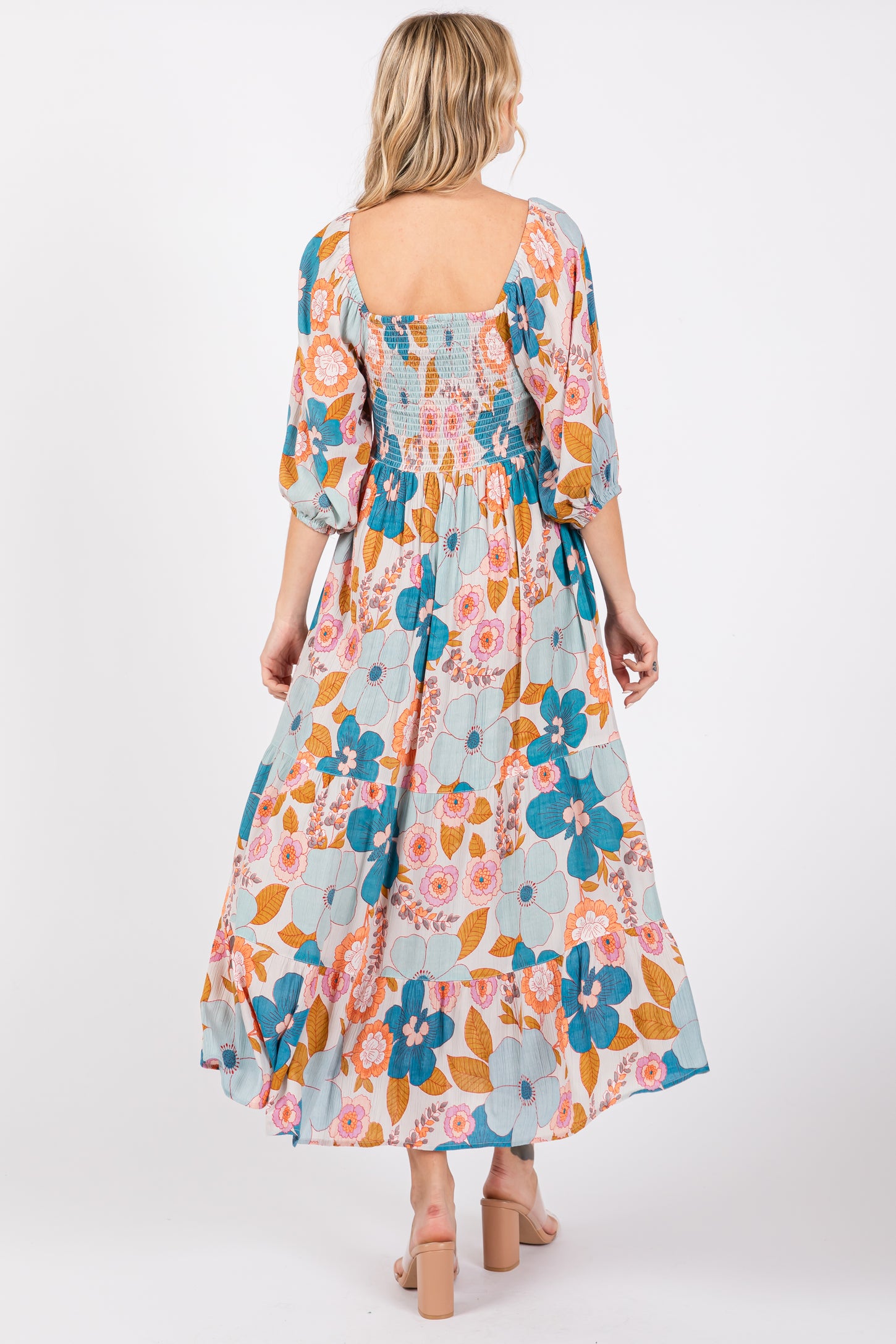 Light Blue Floral Smocked Square Neck Tiered Midi Dress
