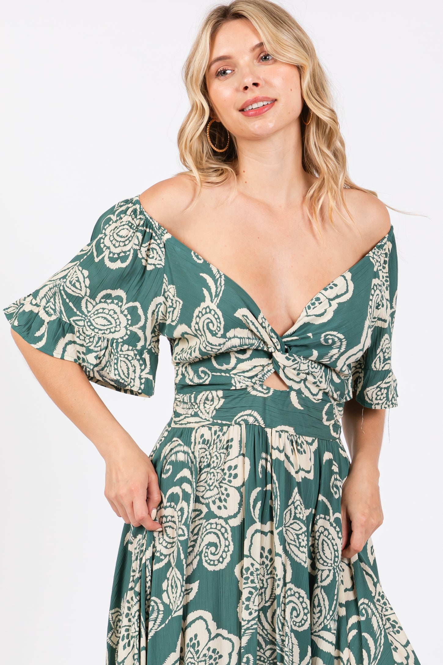 Green Floral Cutout Midi Dress PinkBlush Green Floral Cutout Midi Dress PinkBlush
