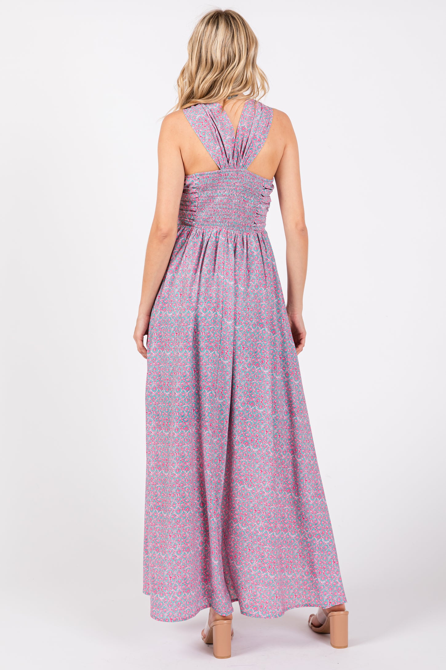 teal and pink maxi dress Teal & Pink Plunging Bubble Sleeve Maxi Dress