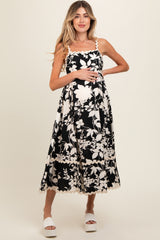 Black Floral Wave Trim A-Line Maternity Midi Dress