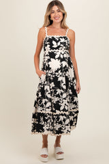 Black Floral Wave Trim A-Line Maternity Midi Dress