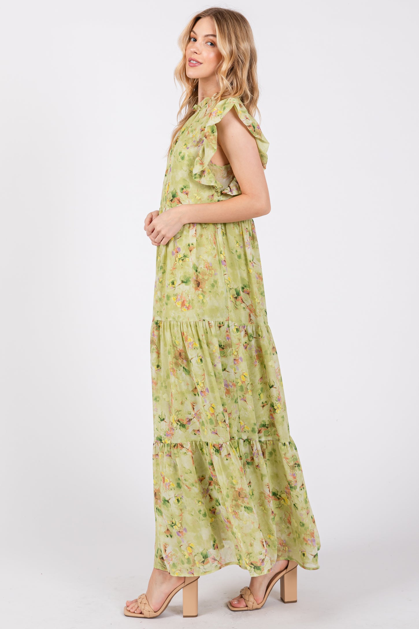Lime Floral Chiffon Ruffle Shoulder Tiered Maxi Dress PinkBlush Lime Floral Chiffon Ruffle Shoulder Tiered Maxi Dress PinkBlush