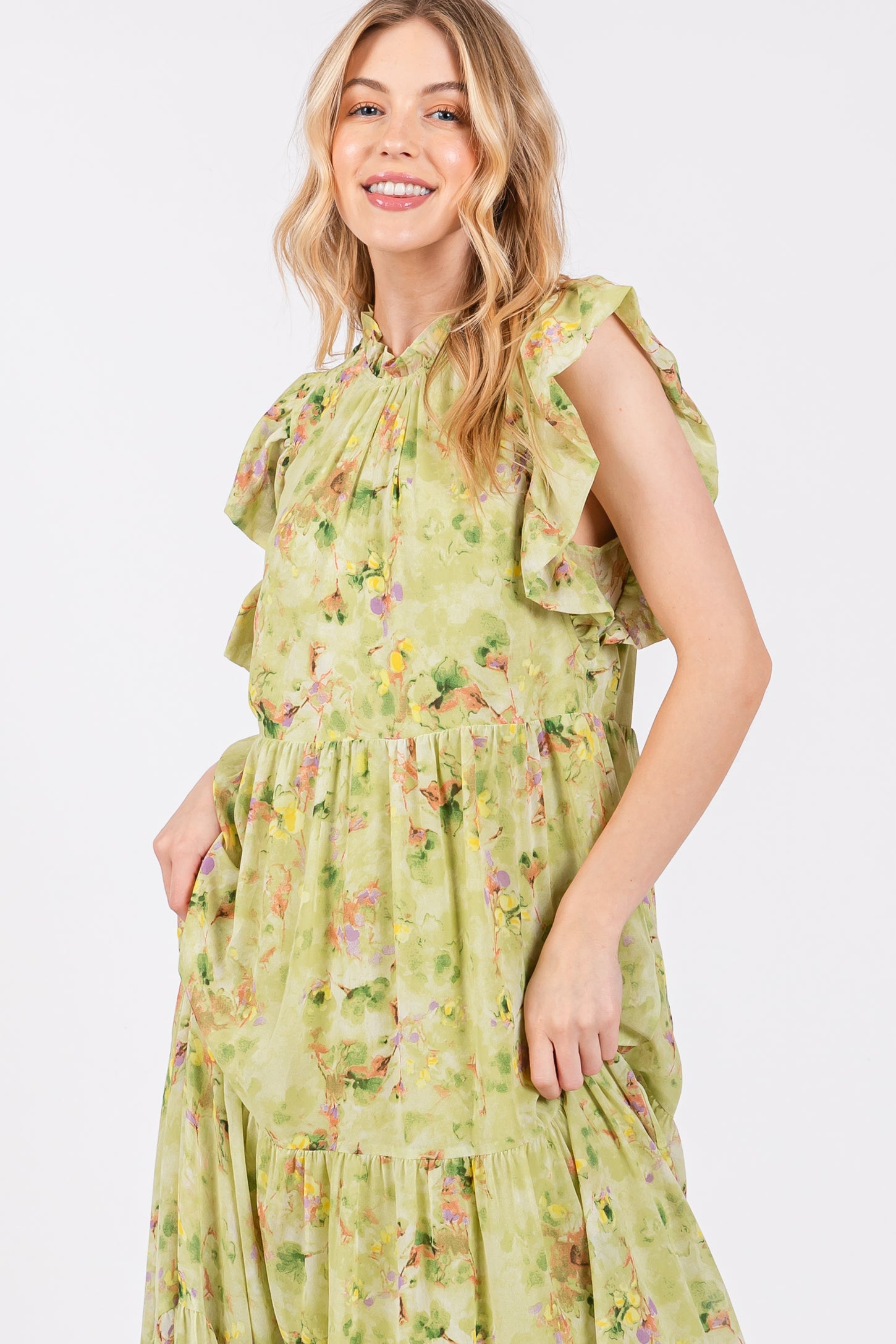 Lime Floral Chiffon Ruffle Shoulder Tiered Maxi Dress – PinkBlush
