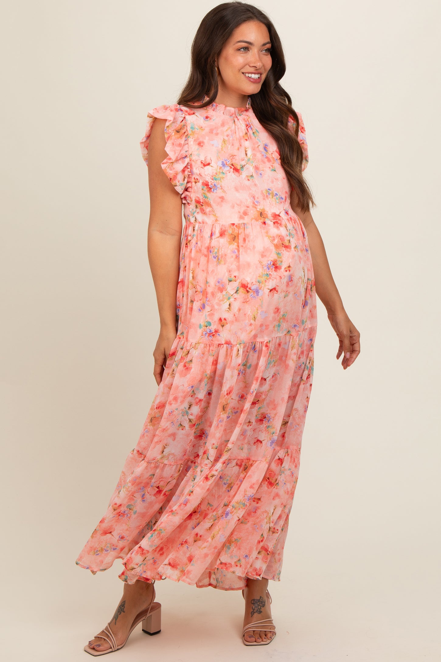 peach floral chiffon dress Peach Floral Chiffon Ruffle Shoulder Tiered Maternity Maxi Dress
