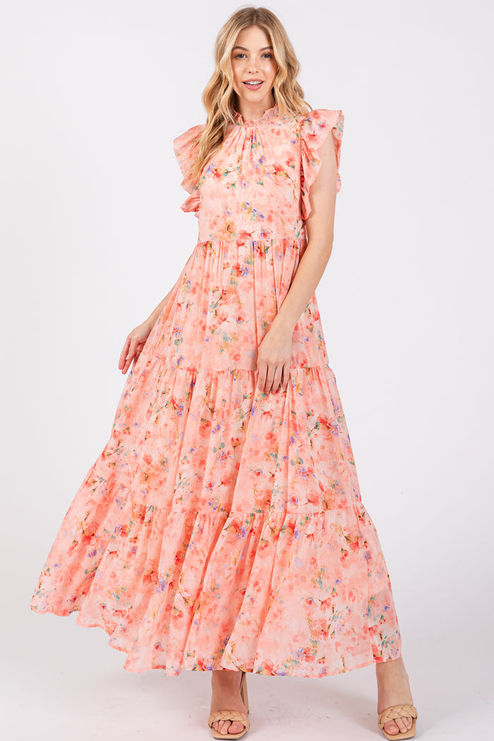 Peach Floral Chiffon Ruffle Shoulder Tiered Maternity Maxi Dress