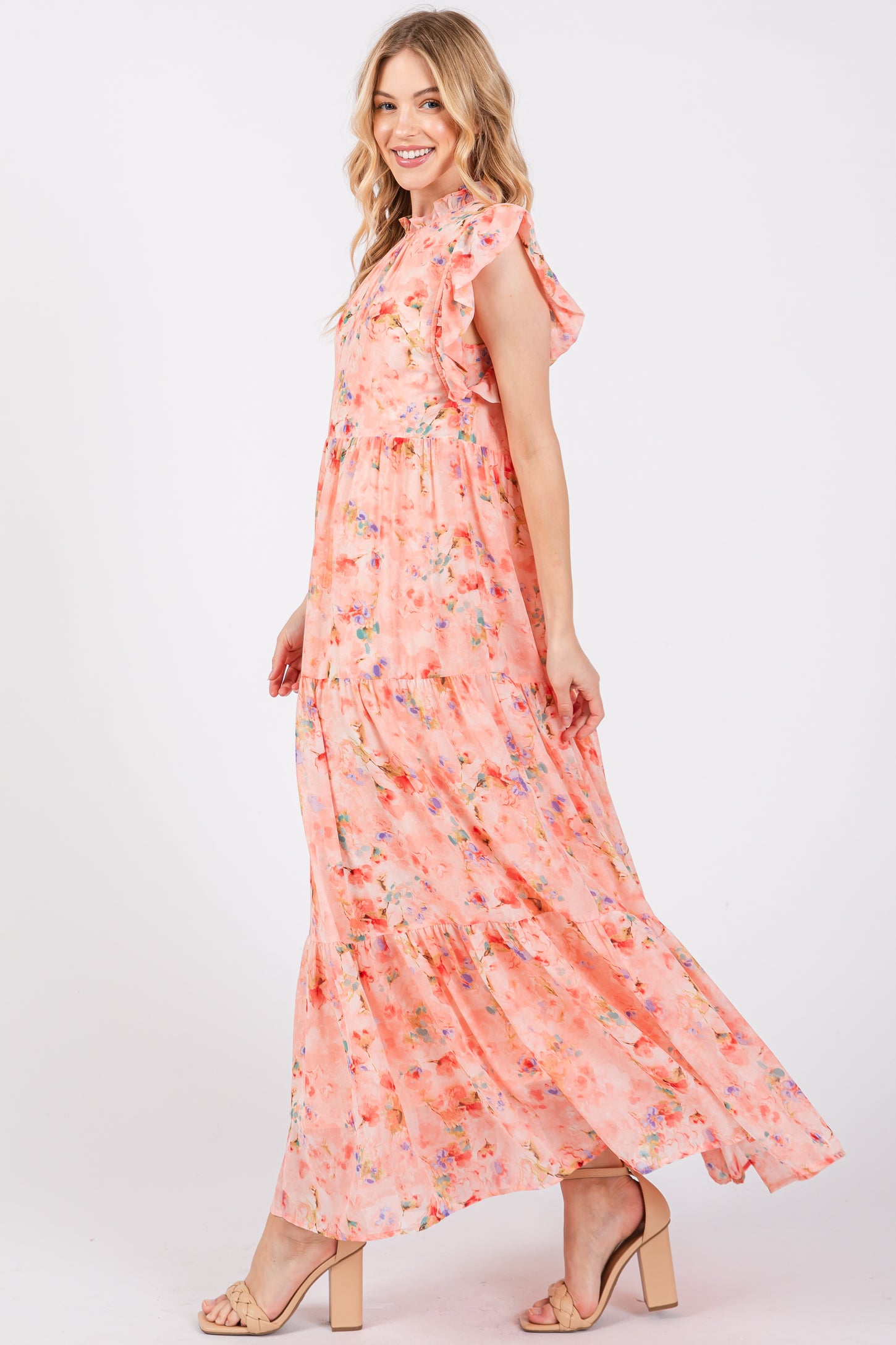 Peach Floral Chiffon Ruffle Shoulder Tiered Maxi Dress PinkBlush Peach Floral Chiffon Ruffle Shoulder Tiered Maxi Dress PinkBlush
