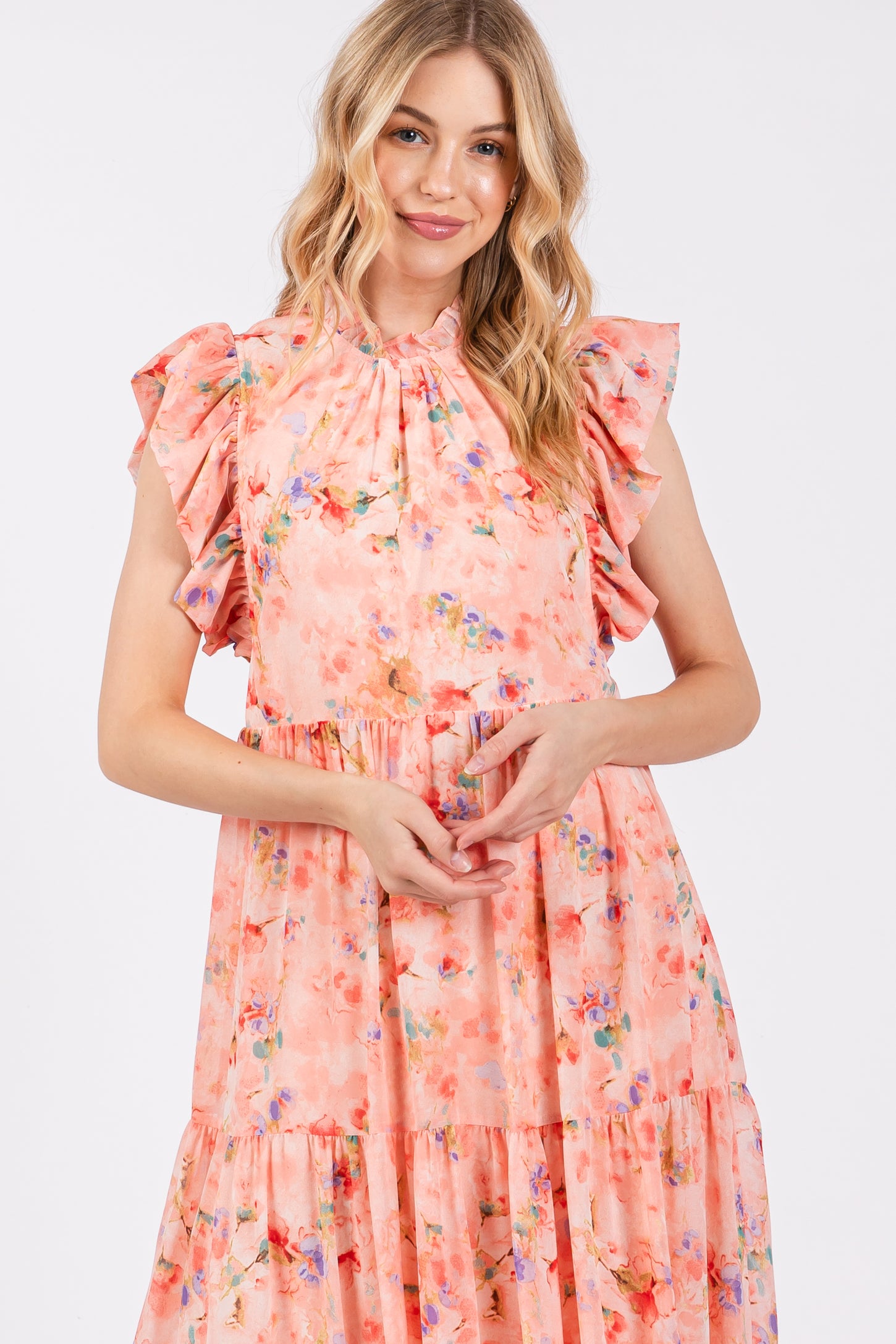 Peach Floral Chiffon Ruffle Shoulder Tiered Maxi Dress PinkBlush Peach Floral Chiffon Ruffle Shoulder Tiered Maxi Dress PinkBlush