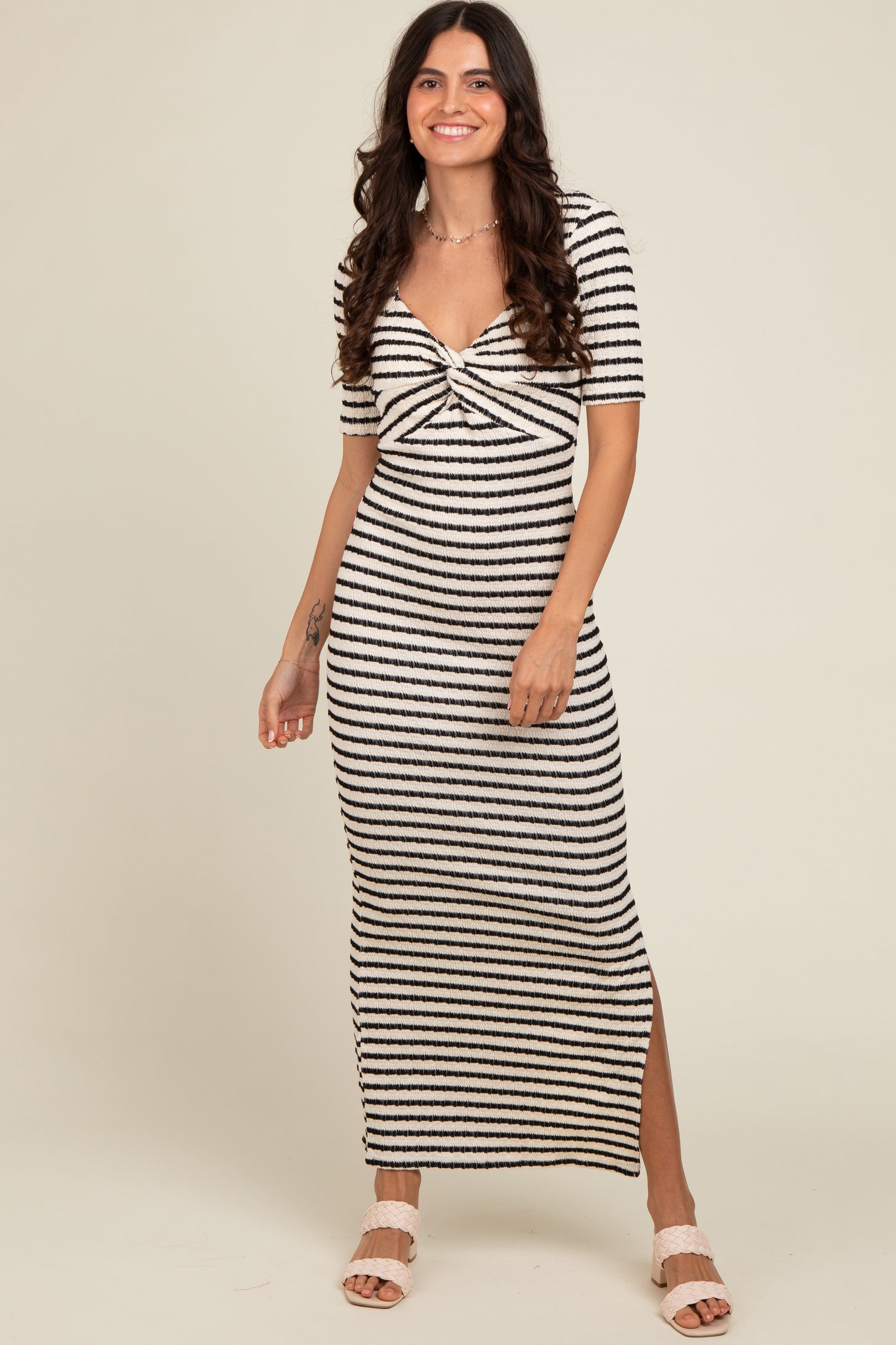 Ivory Black Striped Knit Short Sleeve Maternity Maxi Dress Ivory Black Striped Knit Short Sleeve Maternity Maxi Dress