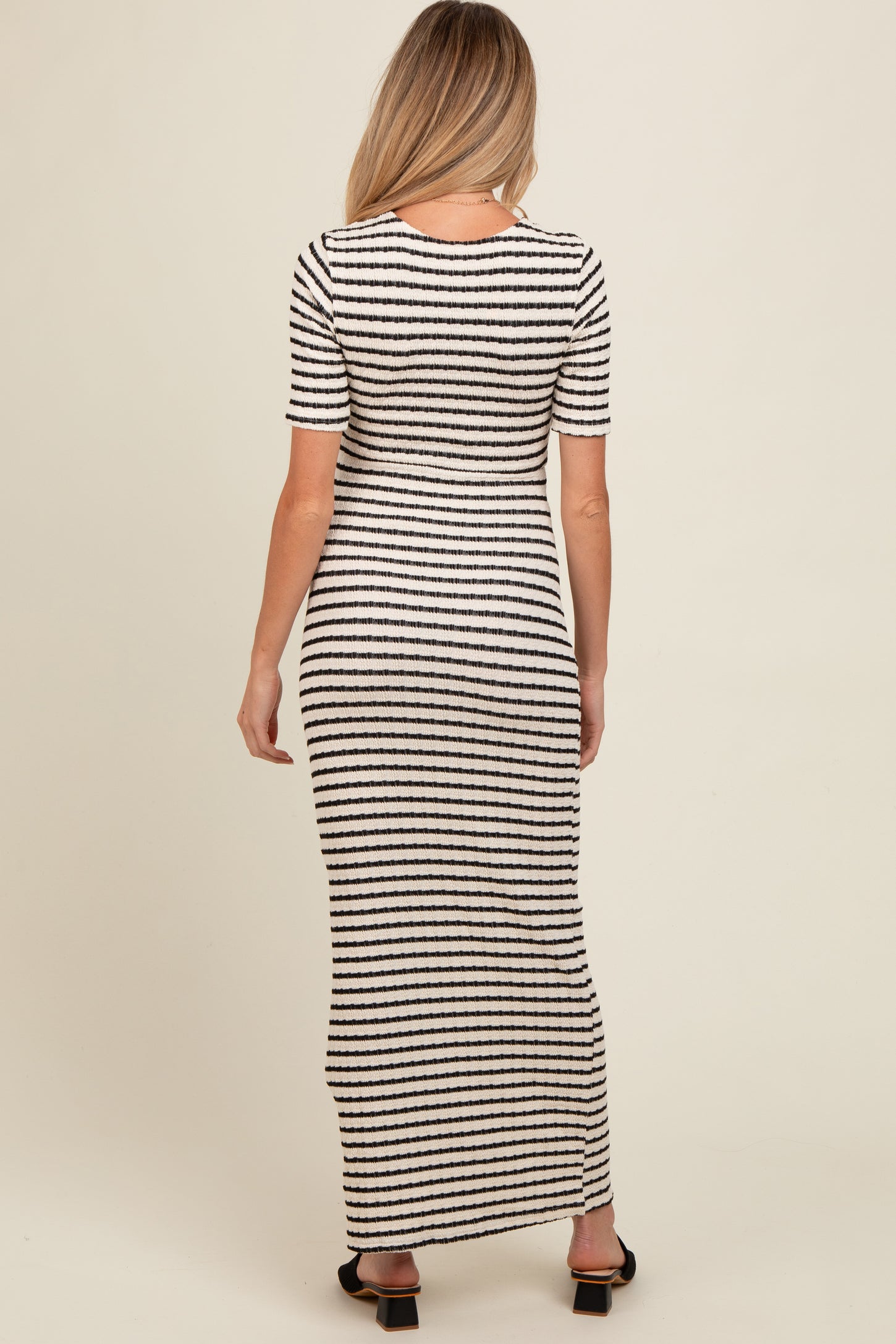 Ivory Black Striped Knit Short Sleeve Maternity Maxi Dress Ivory Black Striped Knit Short Sleeve Maternity Maxi Dress