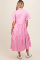 Light Pink Tiered Button Down Maternity Midi Dress