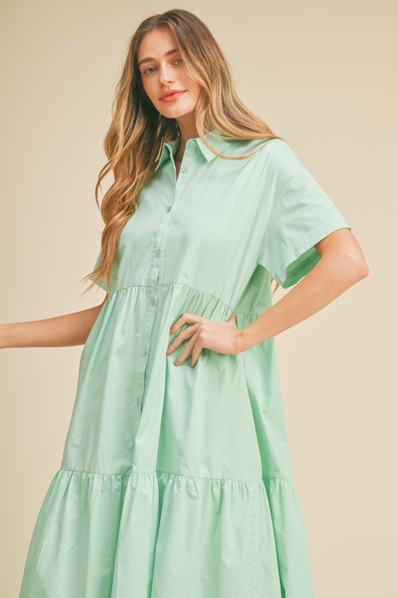 Mint Green Tiered Button Down Midi Dress PinkBlush Mint Green Tiered Button Down Midi Dress PinkBlush