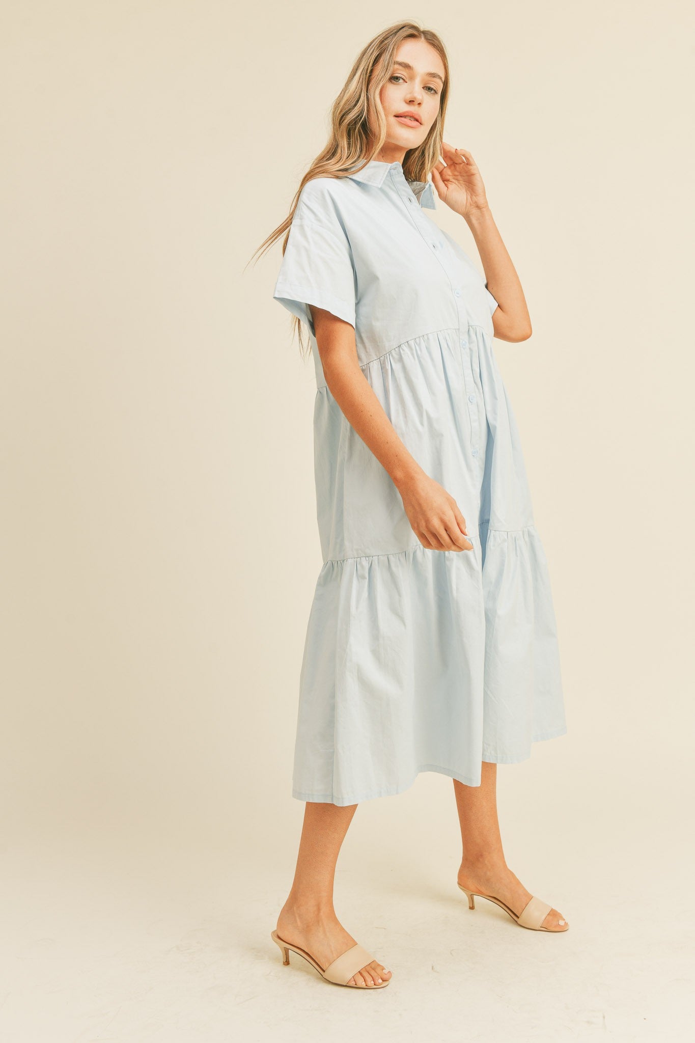 Light Blue Tiered Button Down Midi Dress PinkBlush Light Blue Tiered Button Down Midi Dress PinkBlush