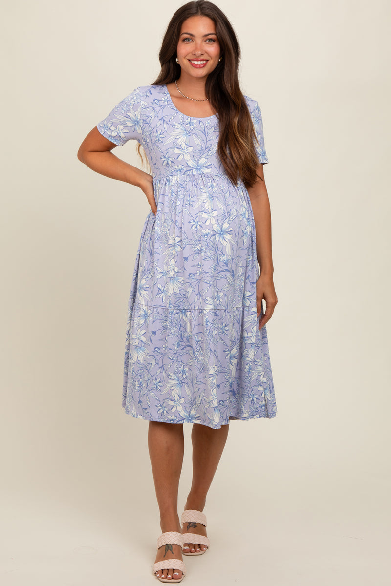 midi lavender tiered floral dress Beautiful Sentiments Lavender Floral Strapless Tiered Midi Dress