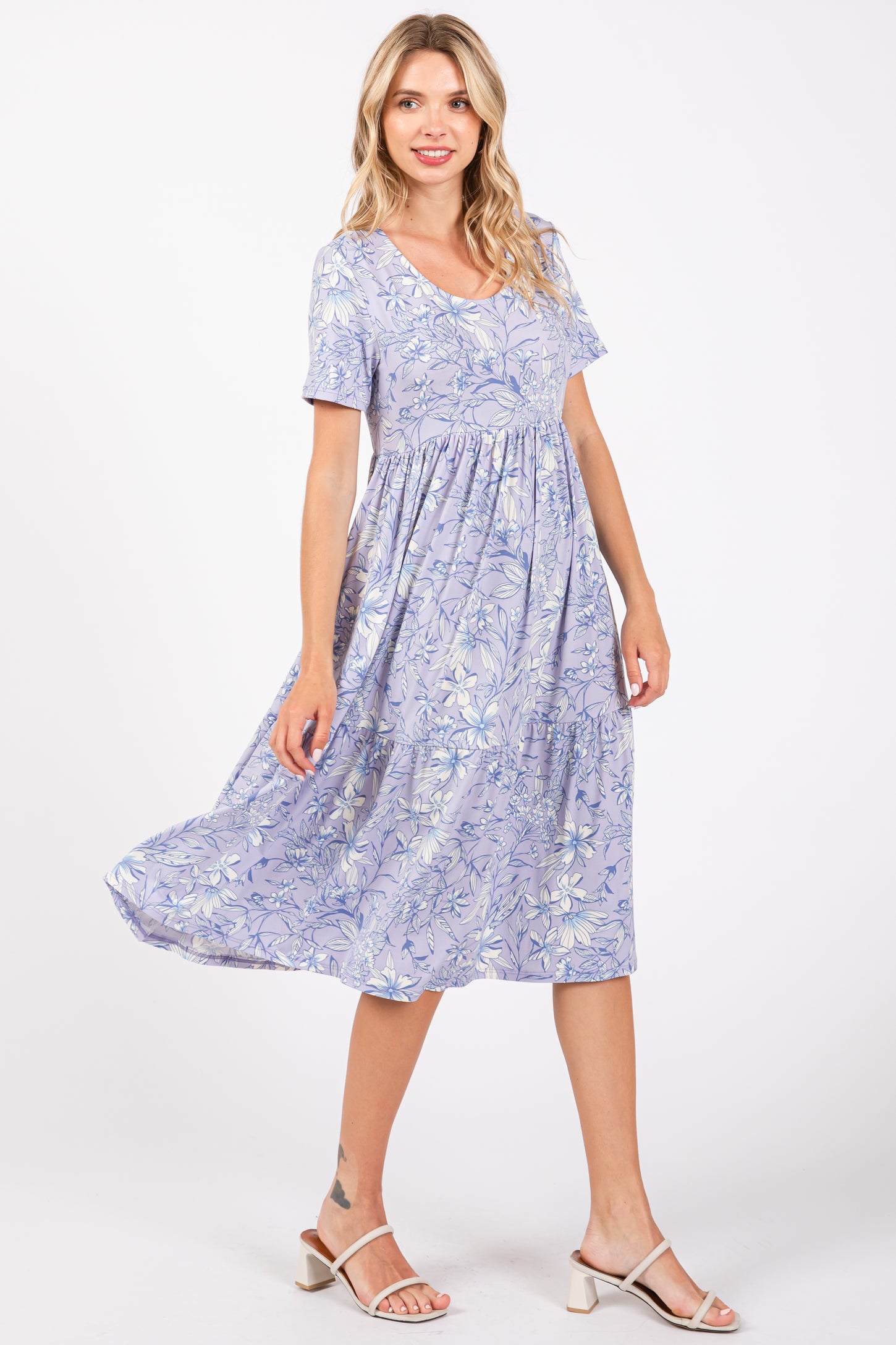 midi lavender tiered floral dress Beautiful Sentiments Lavender Floral Strapless Tiered Midi Dress