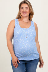 Blue Floral Ribbed Henley Maternity Plus Tank Top