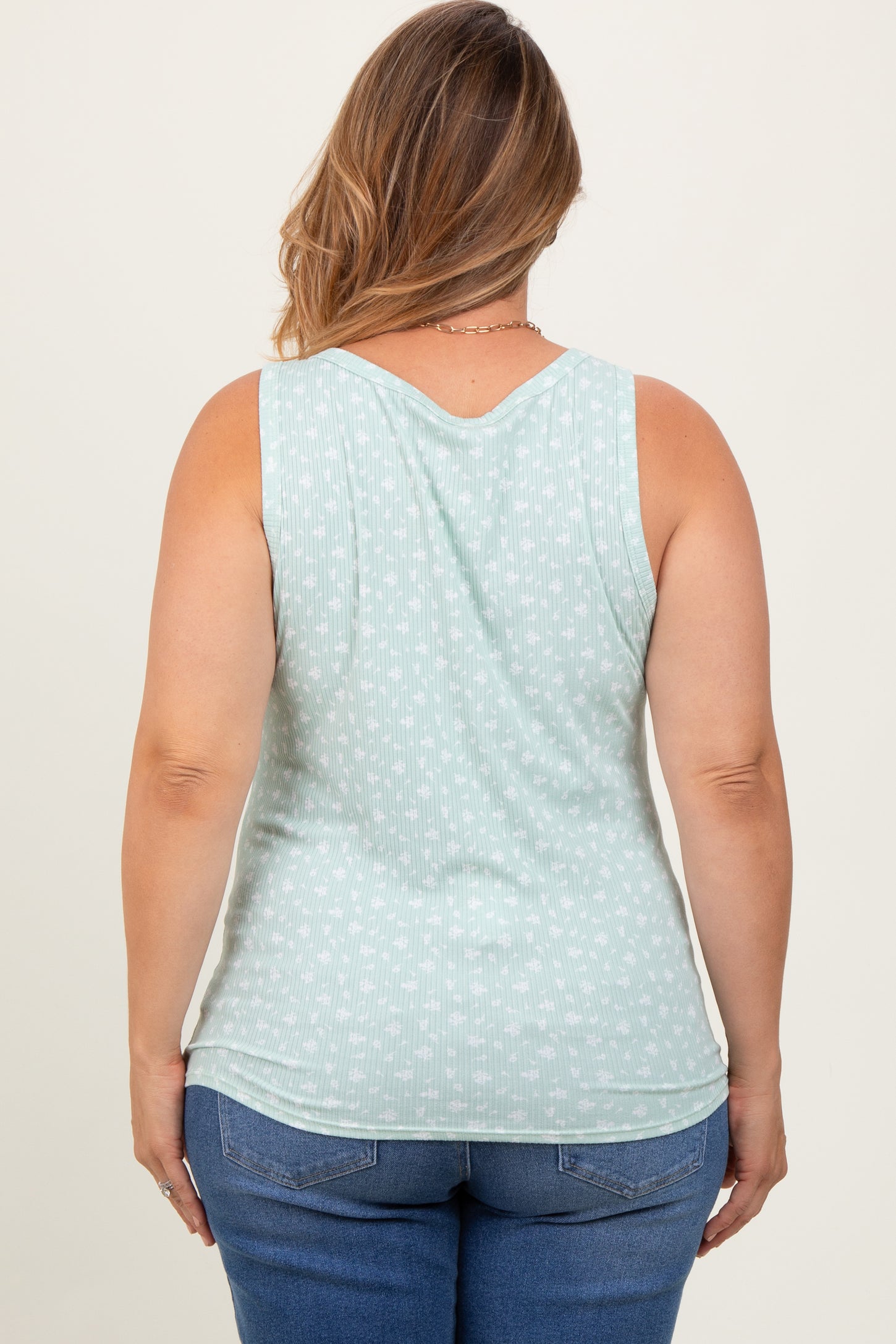 Mint Green Floral Ribbed Henley Maternity Plus Tank Top