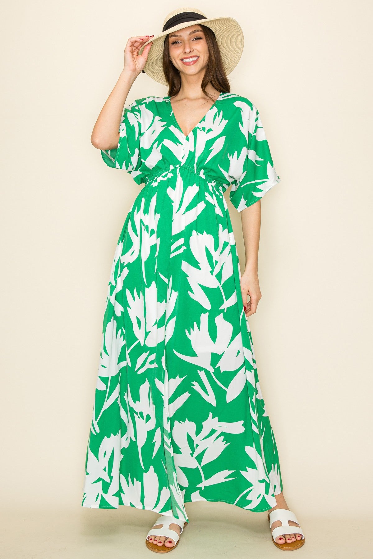 Green Floral Double V-Neck Front Slit Maxi Dress – PinkBlush