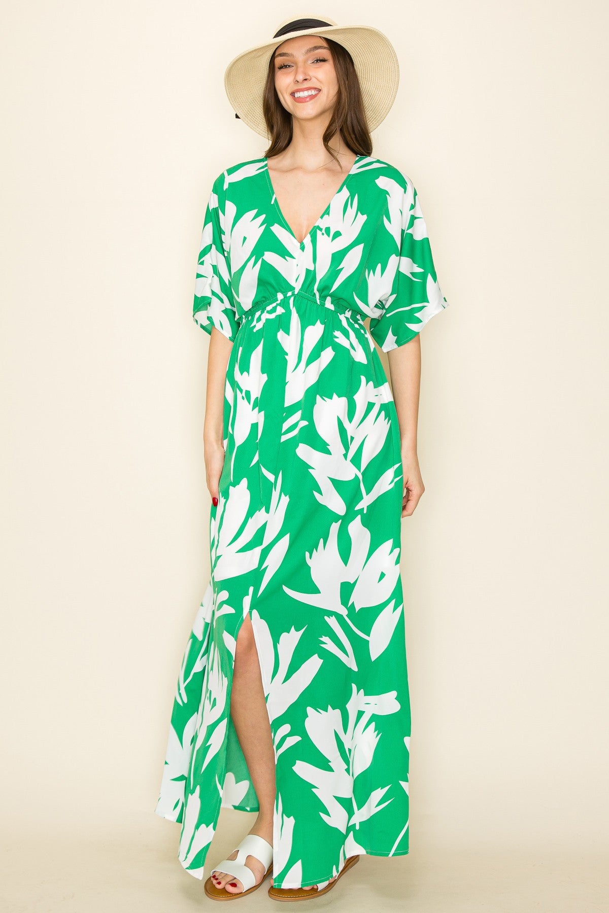 Green Floral Double V-Neck Front Slit Maxi Dress Green Floral Double V-Neck Front Slit Maxi Dress