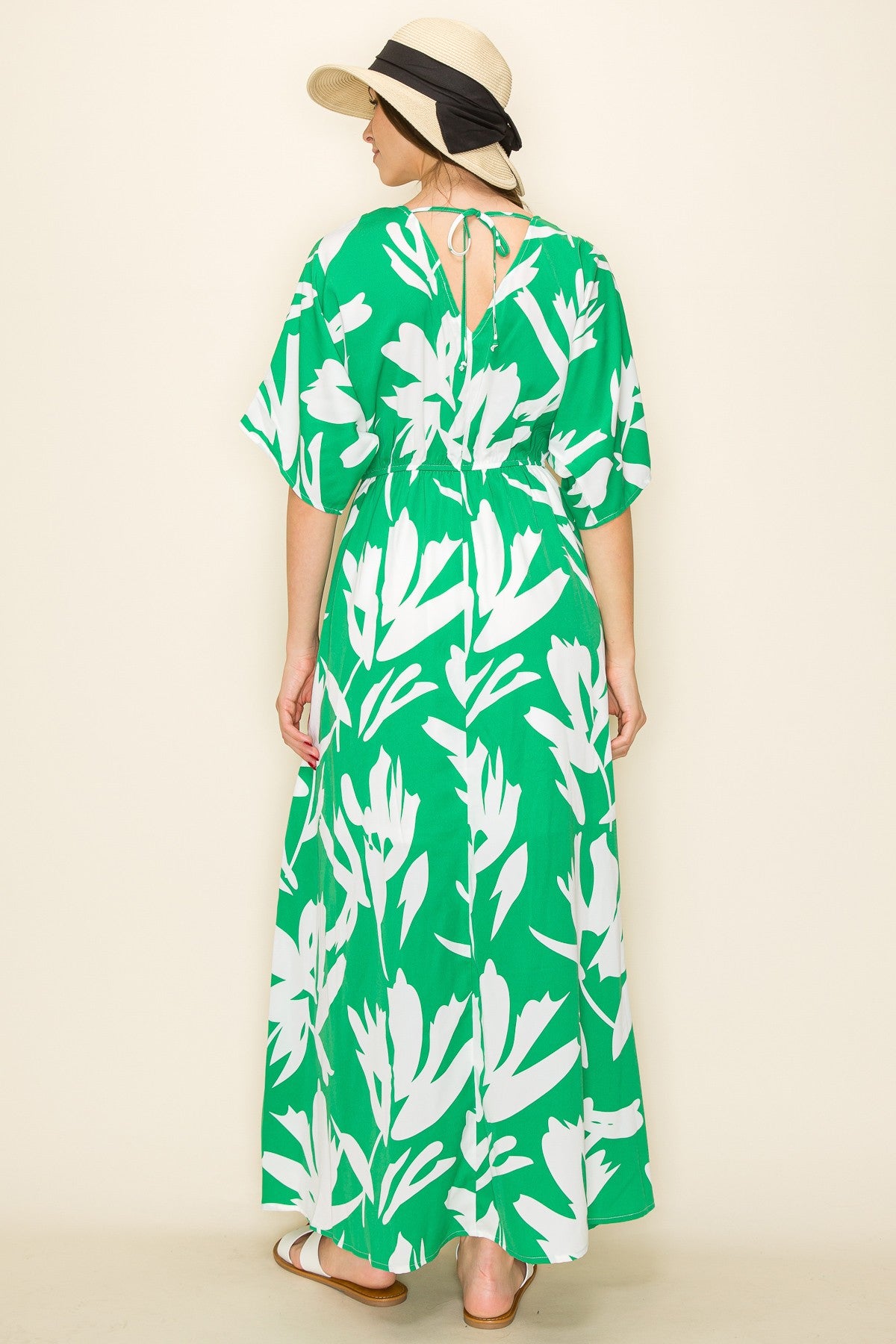 Green Floral Double V-Neck Front Slit Maxi Dress PinkBlush Green Floral Double V-Neck Front Slit Maxi Dress PinkBlush
