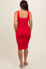 Red Sleeveless Ribbed Square Neck Maternity Midi Dress