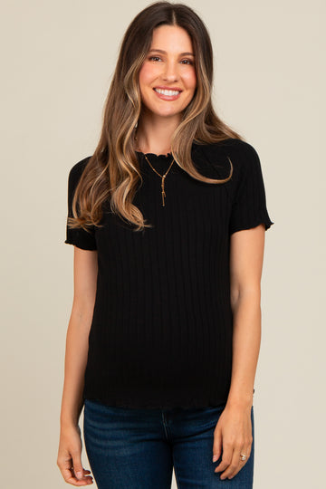 Black Ruffle Trim Ribbed Maternity Top