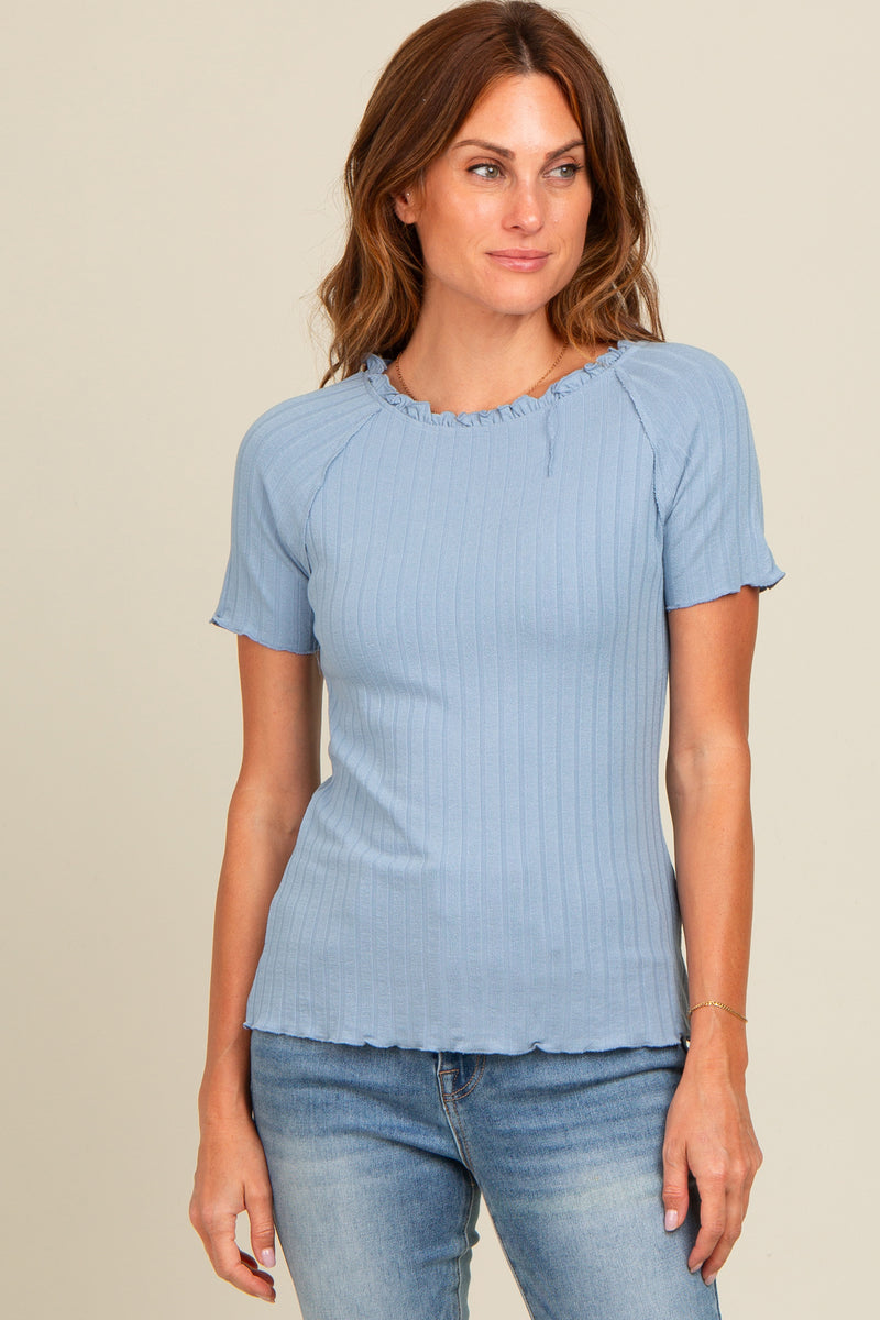 Blue Ruffle Trim Ribbed Top – PinkBlush