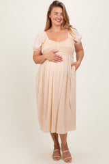 Cream Crochet Bodice Cotton Plus Maternity Midi Dress
