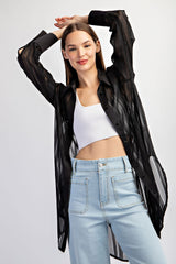 Black Sheer Stripe Button Down Maternity Blouse