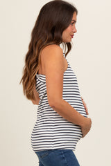 Navy Blue Striped High Neckline Maternity Tank