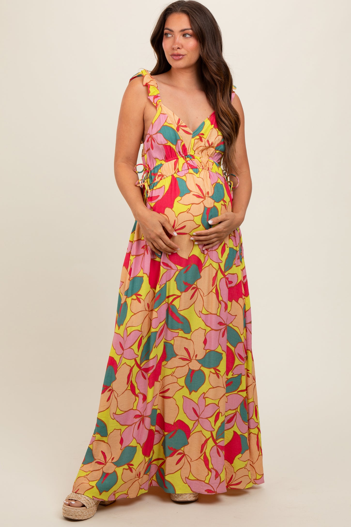 Lime Floral Side Tie Maternity Maxi Dress
