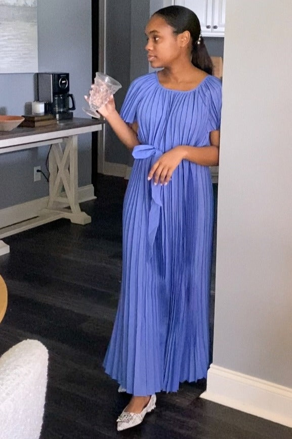 Blue Pleated Sash Tie Midi Dress