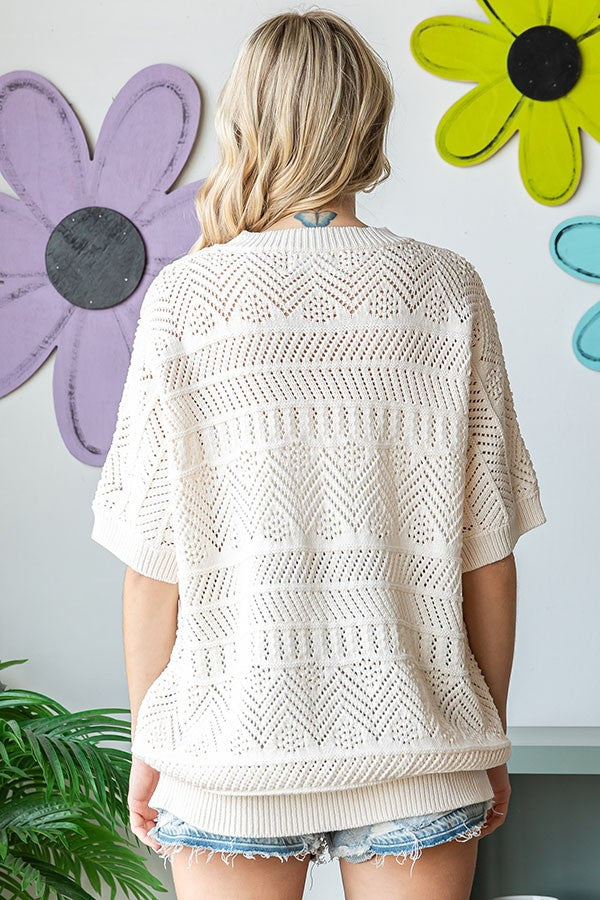 Ivory Crochet Knit Short Sleeve Sweater Top