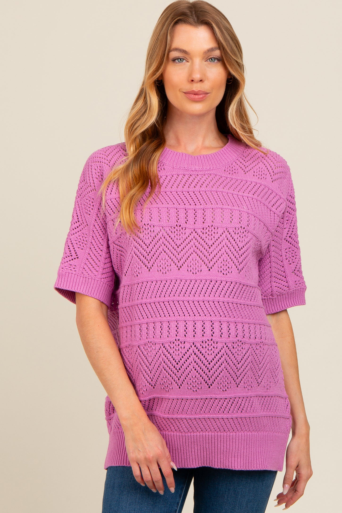 Violet Crochet Knit Short Sleeve Sweater Maternity Top