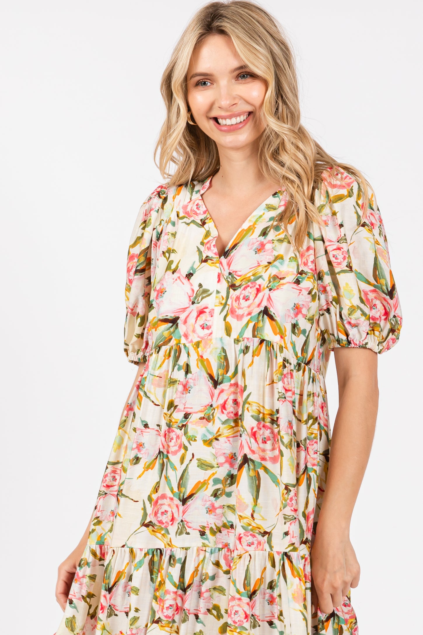 Cream Floral V-Neck Tiered Midi Dress