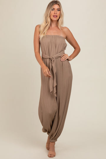 Mocha Strapless Sash Tie Jumpsuit