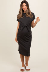 Black Tie Front Round Neck Knit Maternity Midi Dress